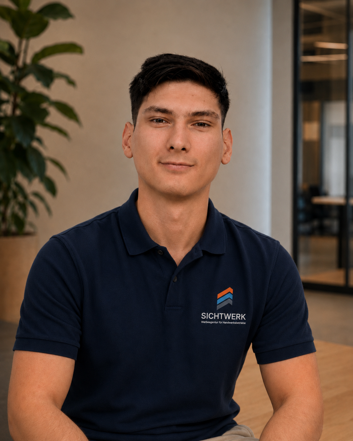Ein junger Mann sitzt in einem modernen Büro, trägt ein dunkelblaues Polo-Shirt mit dem Logo 'SICHTWERK' und schaut in die Kamera. Im Hintergrund sind Pflanzen und ein offener Raum sichtbar.