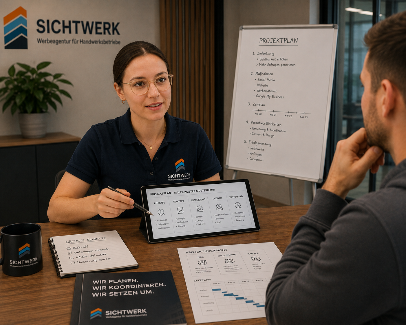 Eine Frau bei einem Meeting mit einem Mann, im Hintergrund eine Whiteboard mit Projektplan, auf dem Tisch Notizblock, Kaffeetasse, eine digitale Tabelle mit Projektübersicht und gedruckte Dokumente. Beide tragen Kleidung mit dem Logo 'SICHTWERK'.