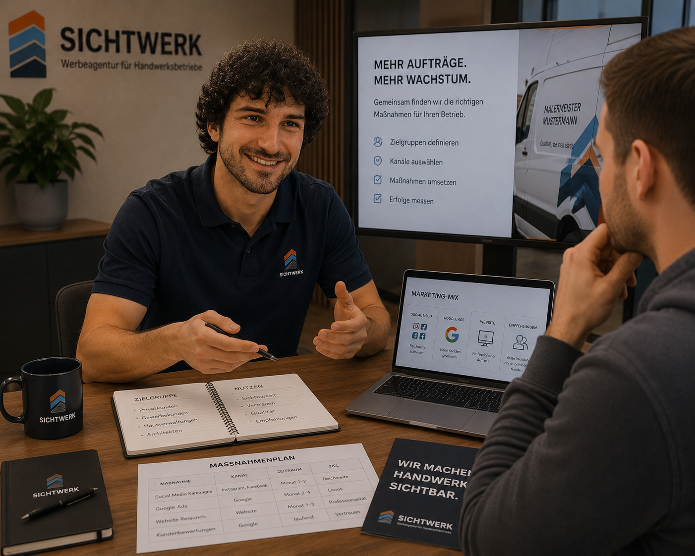 Zwei Männer im Gespräch bei einem Treffen, mit einem Laptop, einem Notizbuch, Drucksachen und Tassen auf dem Tisch, im Hintergrund ein Bildschirm mit Präsentation und ein Banner mit dem Logo "SICHTWERK".