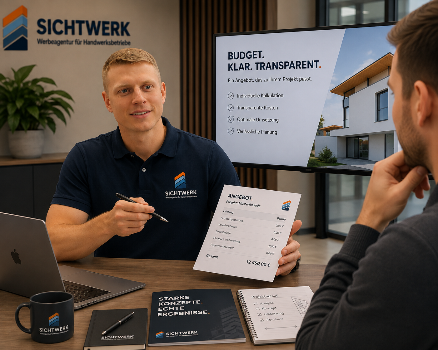 Ein Mann im Gespräch bei einem Meeting, der einen Kostenvoranschlag zeigt, während ein anderer Zuhörer aufmerksam ist. Im Hintergrund ein Bildschirm mit Projektinformationen.