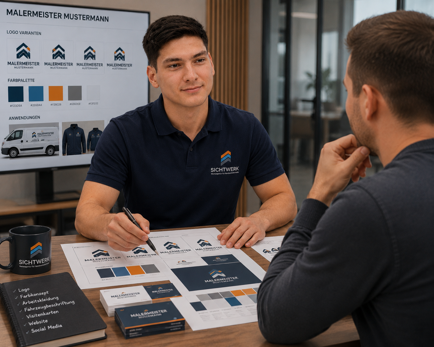 Zwei Männer im Gespräch bei einem Meeting. Der Mann auf der linken Seite trägt ein navyblaues Polo mit dem Logo von SichtWerk. Auf dem Tisch liegen Markenmaterialien wie Broschüren, Visitenkarten und eine Tasse mit demselben Logo. Im Hintergrund ein Bildschirm mit Logovarianten und Farbpalette.