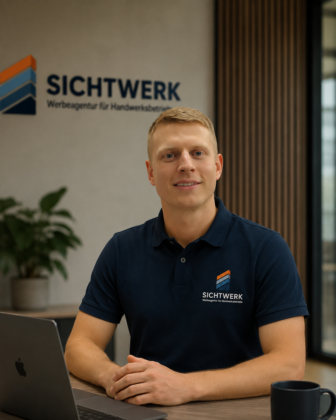 Junge Mann sitzt an einem Tisch vor einem Laptop, trägt ein dunkles Polo mit dem Logo 'SICHTWERK' und lächelt, im Büro mit Pflanze im Hintergrund und Firmenlogo an der Wand.