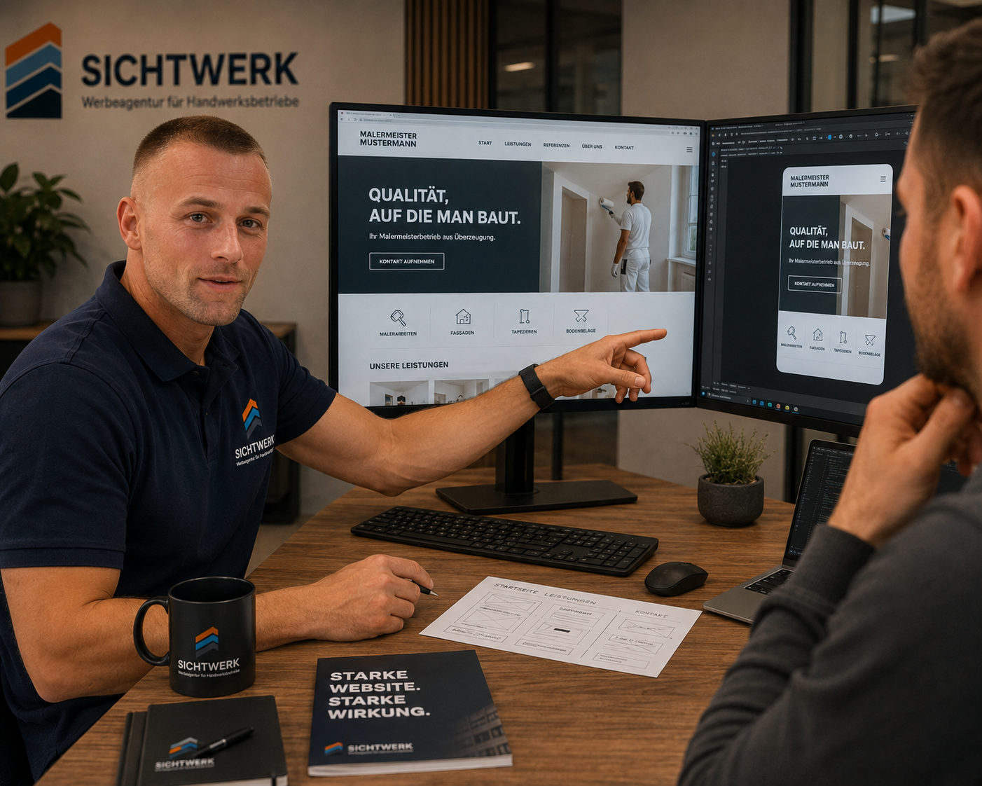 Zwei Männer bei einer Besprechung im Büro. Einer erklärt eine Webseite auf zwei Monitoren, während der andere zuhört. Es gibt Kaffeetasse, Broschüren und Notizen auf dem Tisch, die für Webdesign oder Marketing sprechen.