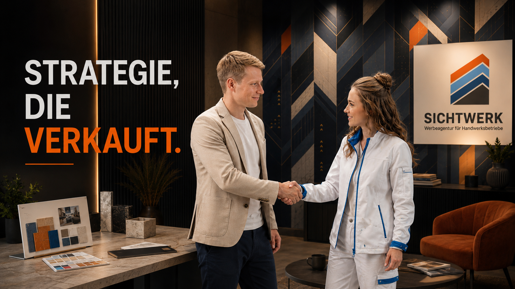 Zwei Menschen schütteln sich die Hand in einem modernen Raum, mit einem Schild im Hintergrund, das 'SICHTWORK Werbeagentur für Handwerksbetriebe' zeigt, und einem großen Text, der 'Strategie, die verkauft' lautet.