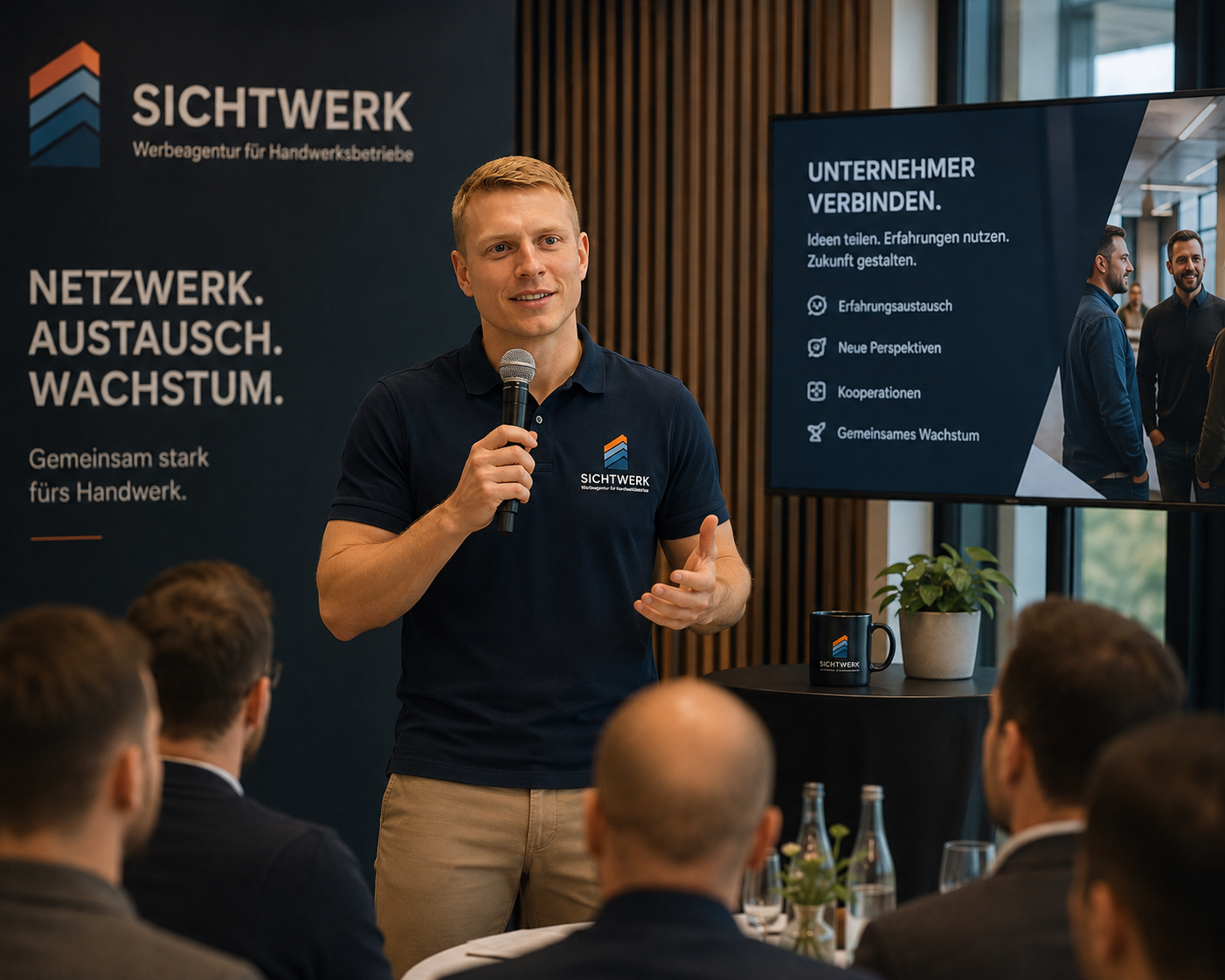 Ein junger Mann hält eine Rede bei einer Veranstaltung, mit einem Mikrofon in der Hand und mehreren Zuhörern im Raum.