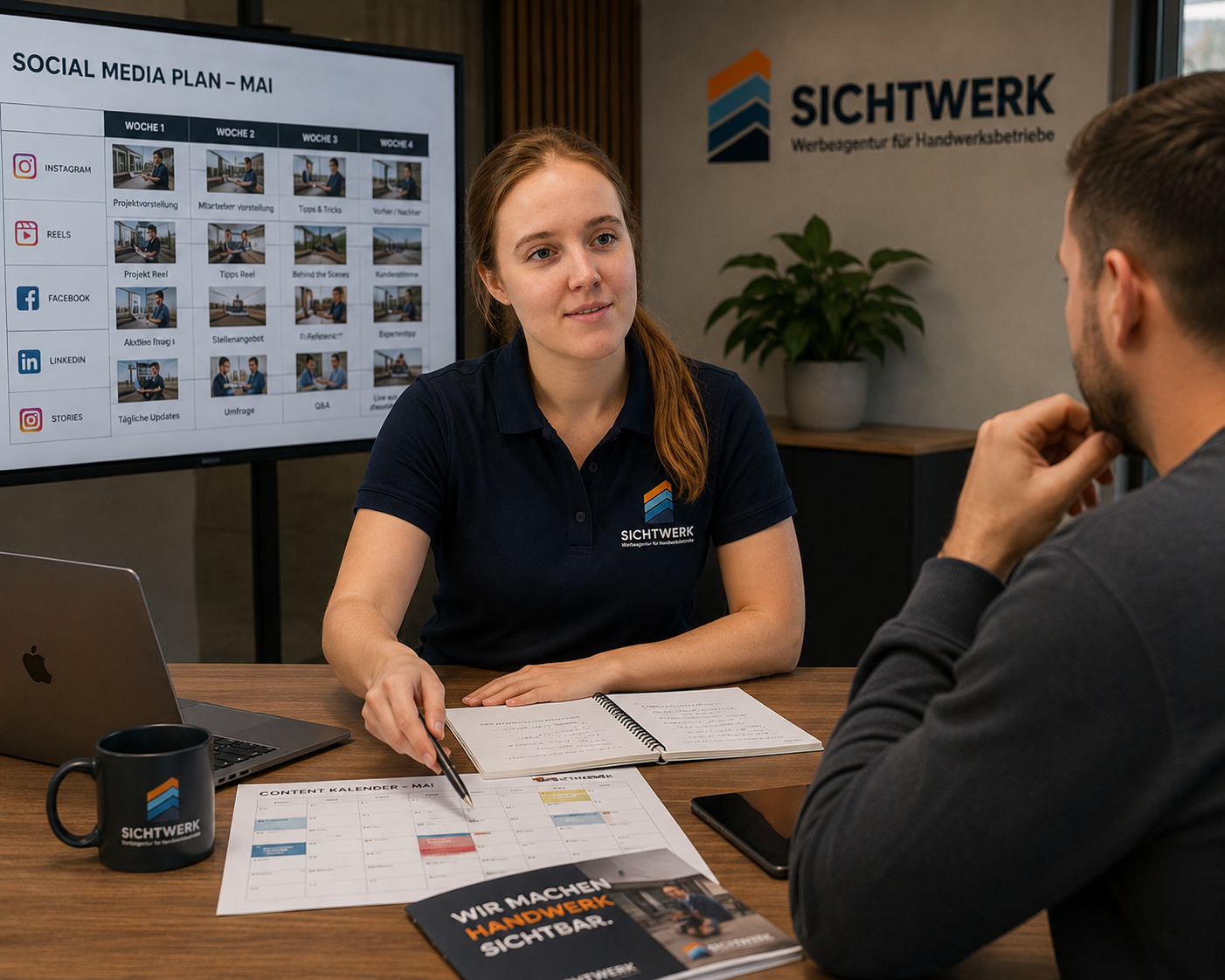 Zwei Personen im Gespräch bei einem Meeting, eine Frau mit Polo-Shirt mit dem Logo "SICHTWERK" und ein Mann, im Hintergrund ein Bildschirm mit einem Social Media-Plan für Mai.