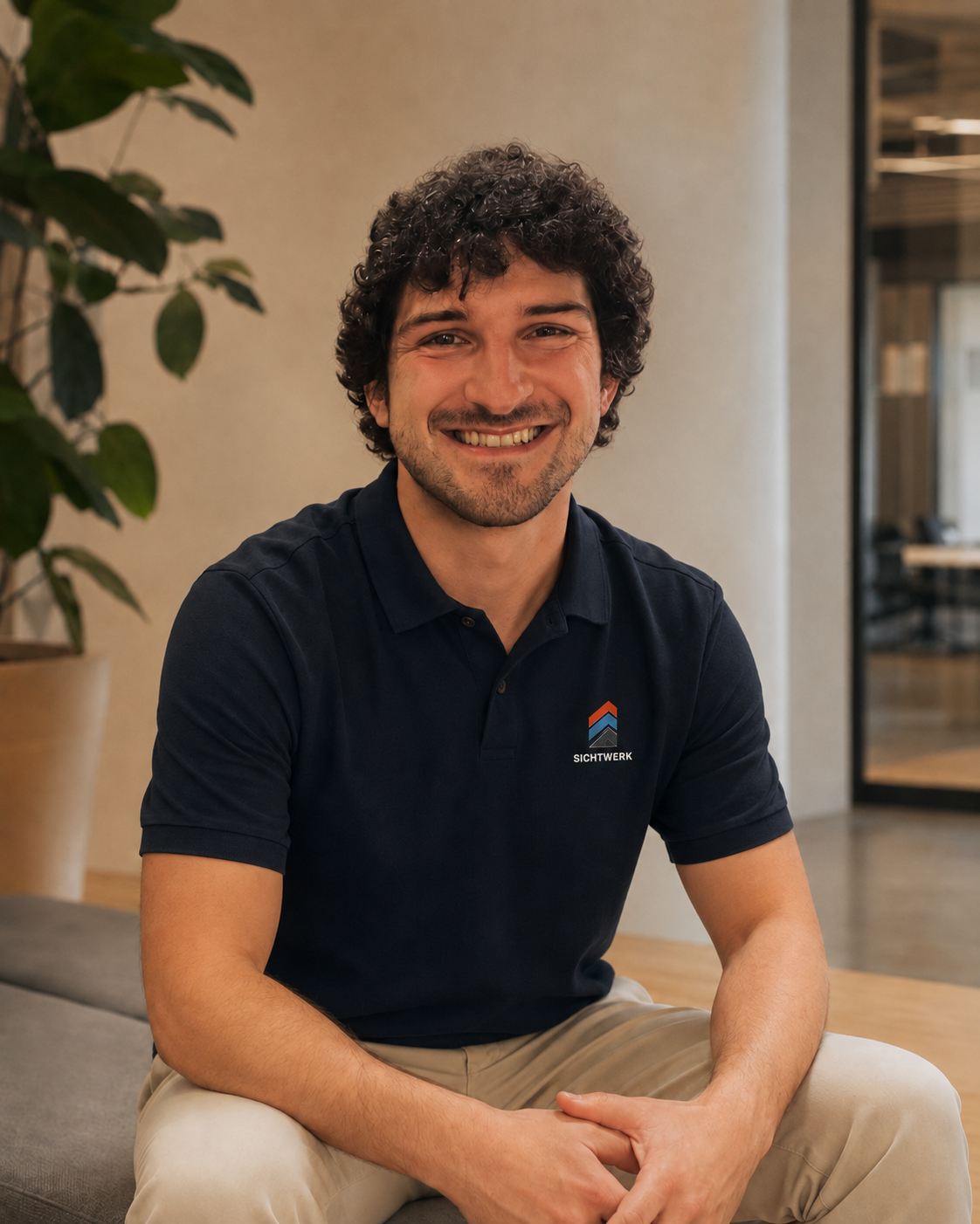 Ein lächelnder Mann mit dunklen, curly Haaren, trägt ein dunkles Polo-Shirt mit einem Logo, sitzt in einem modernen Büro. Im Hintergrund sind Pflanzen und Bürofereinander zu sehen.