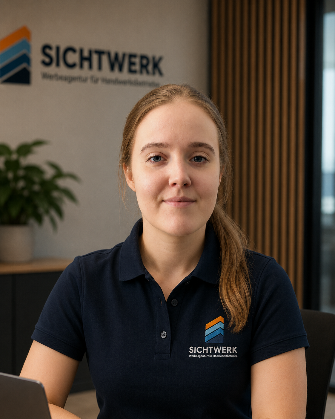 Ein junges Mädchen sitzt in einem Büro, trägt ein dunkelblaues Polohemd mit dem Logo 'Sichtwerk' und sucht nach vorne schauend.