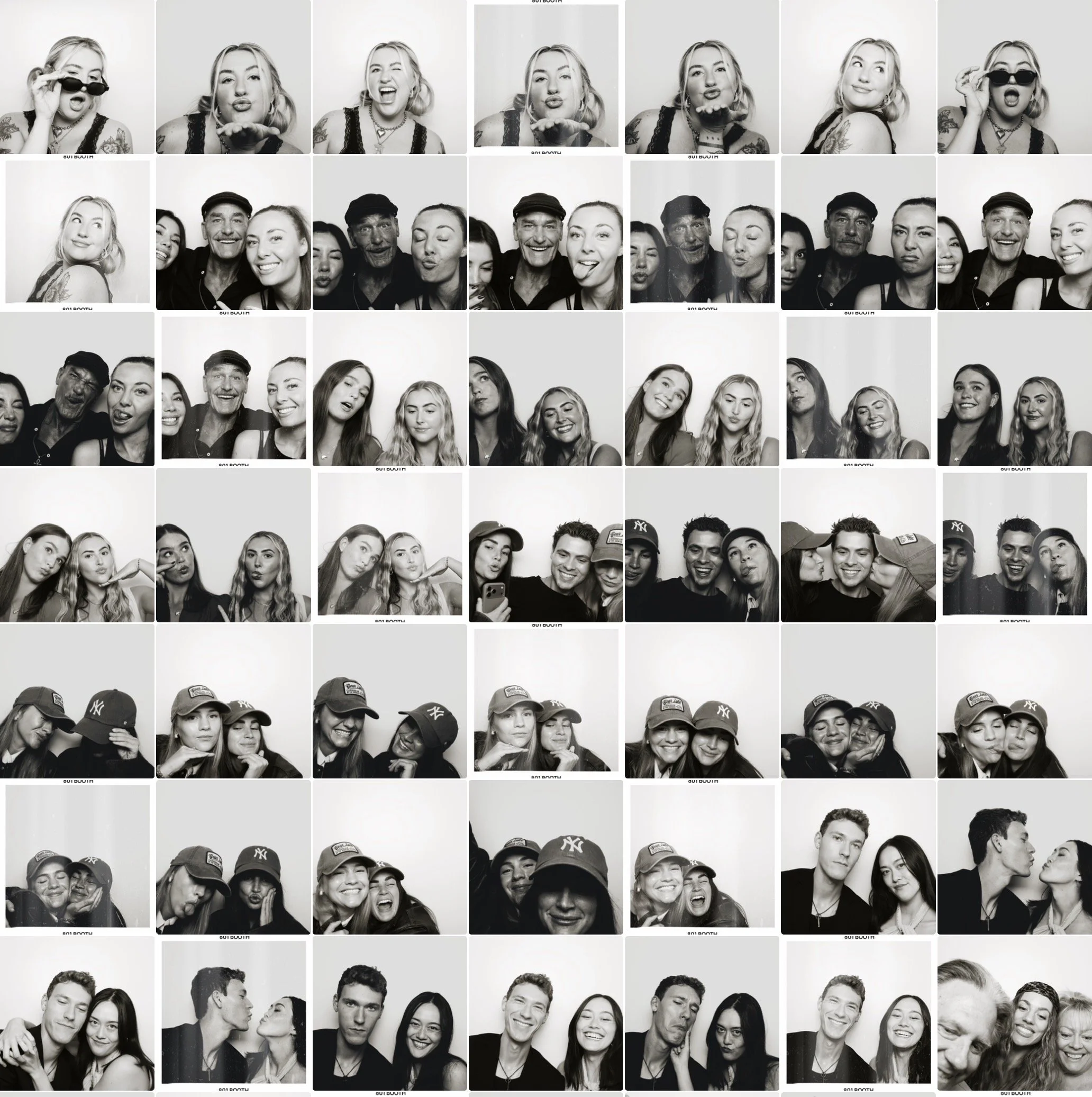 Collage of vintage-style photo strips from 801 Booth showing different groups of guests posing at events across Utah