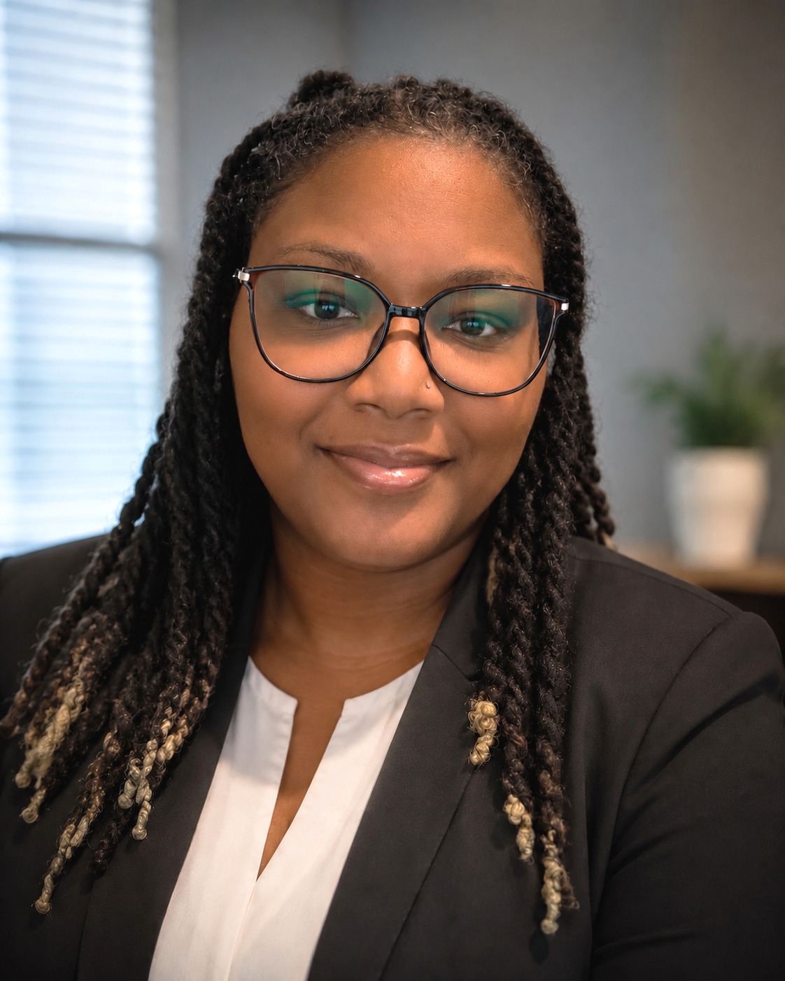 A woman with glasses and braided hair smiling in a professional setting.