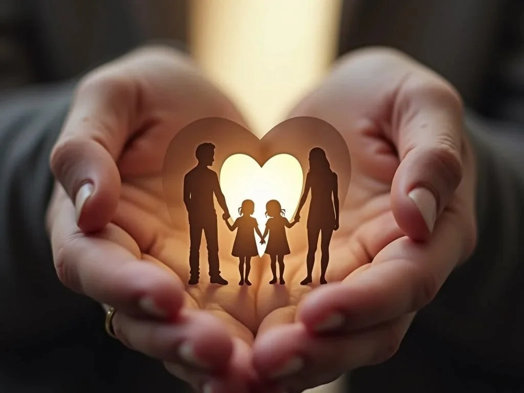 Hand holding paper cutout of a family with a heart shape in the background.