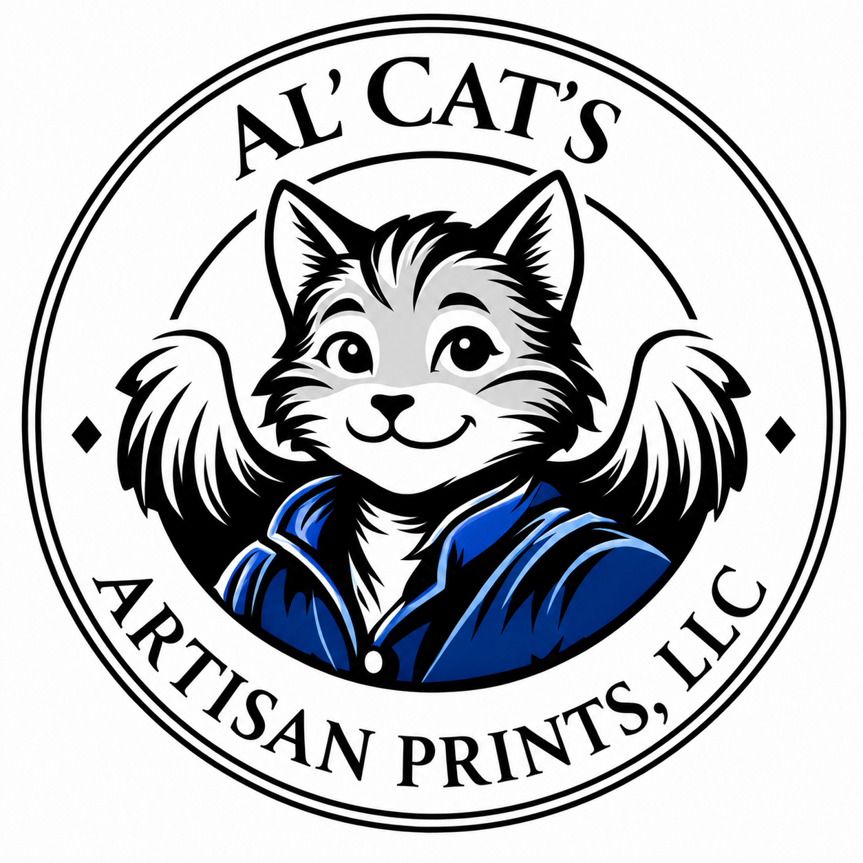 A circular logo featuring a cartoon cat with a friendly smile, wearing a blue jacket, with the text 'Al' Cat's Artisian Prints LLC' surrounding the image.