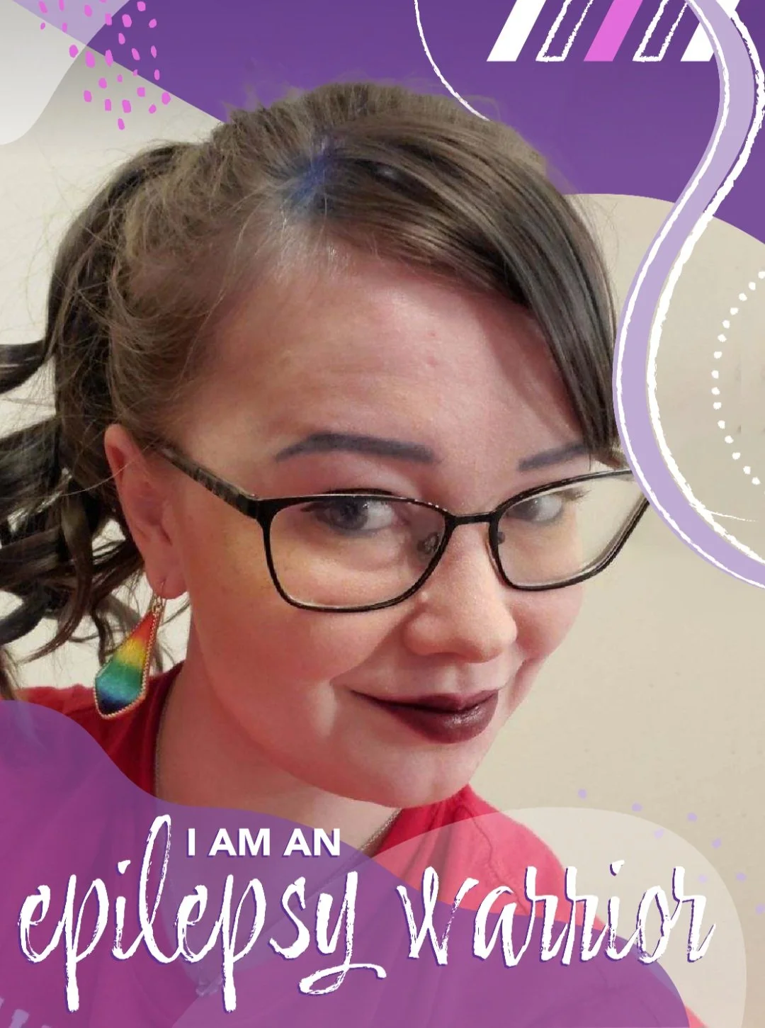 A woman with glasses and rainbow earrings smiling, with text overlay that says "I am an epilepsy warrior."