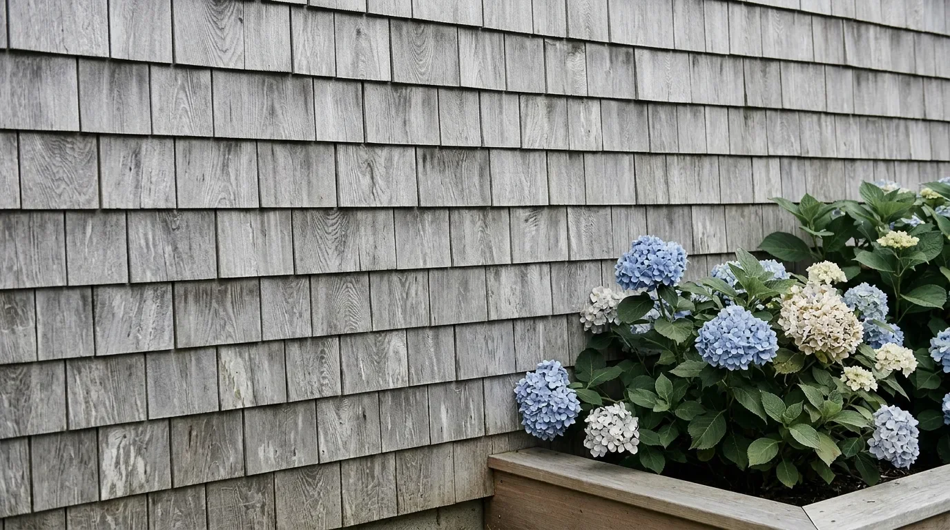 Weathered gray cedar shingle siding meeting a wooden planter box filled with blue, white, and cream hydrangea blooms and dark green leaves.