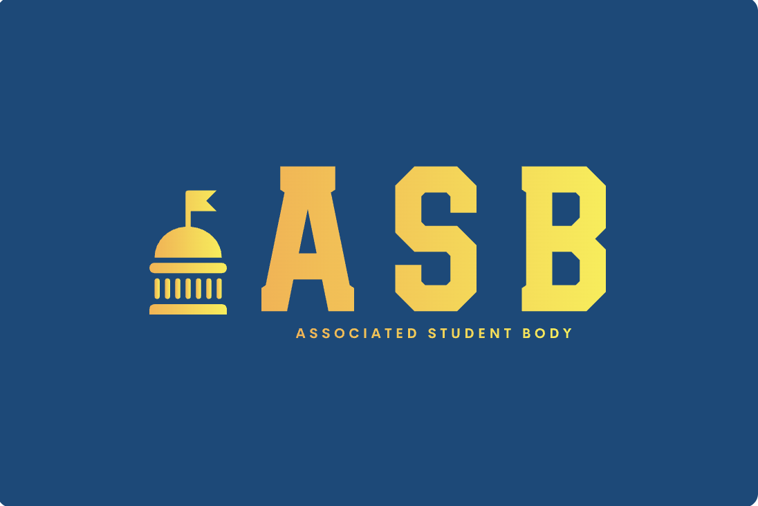 Logo for the Associated Student Body (ASB) with a stylized capitol building icon and the acronym 'ASB' in large yellow letters on a blue background, with the full name written underneath.
