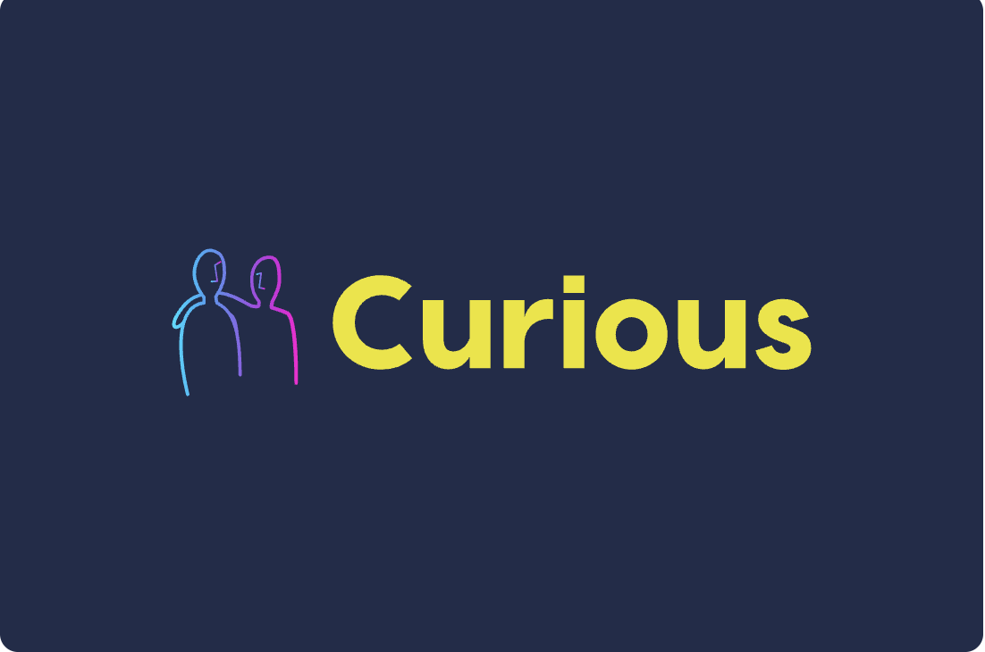 Graphic with two outlined human figures and the word 'Curious' in bold yellow text on a dark blue background.