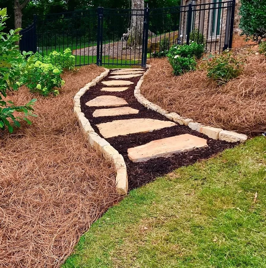 A landscaped backyard pathway made of large stepping stones bordered by black mulch and a curved light-colored stone border. The path is surrounded by brown pine straw mulch and green plants, with a black metal fence and a gate in the background.