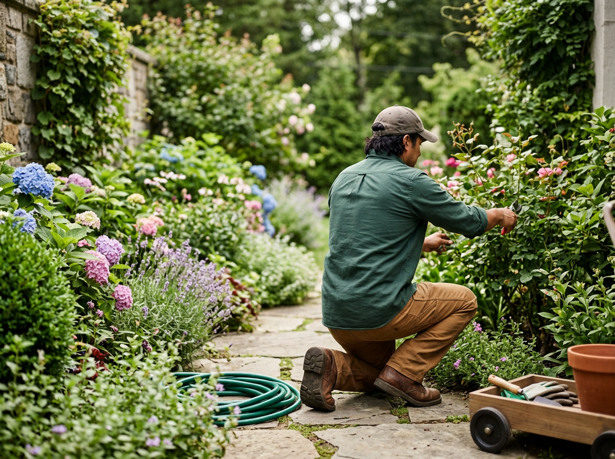 A man kneeling on a stone pathway, pruning pink and green bushes in a lush garden with various colorful flowers and shrubs.