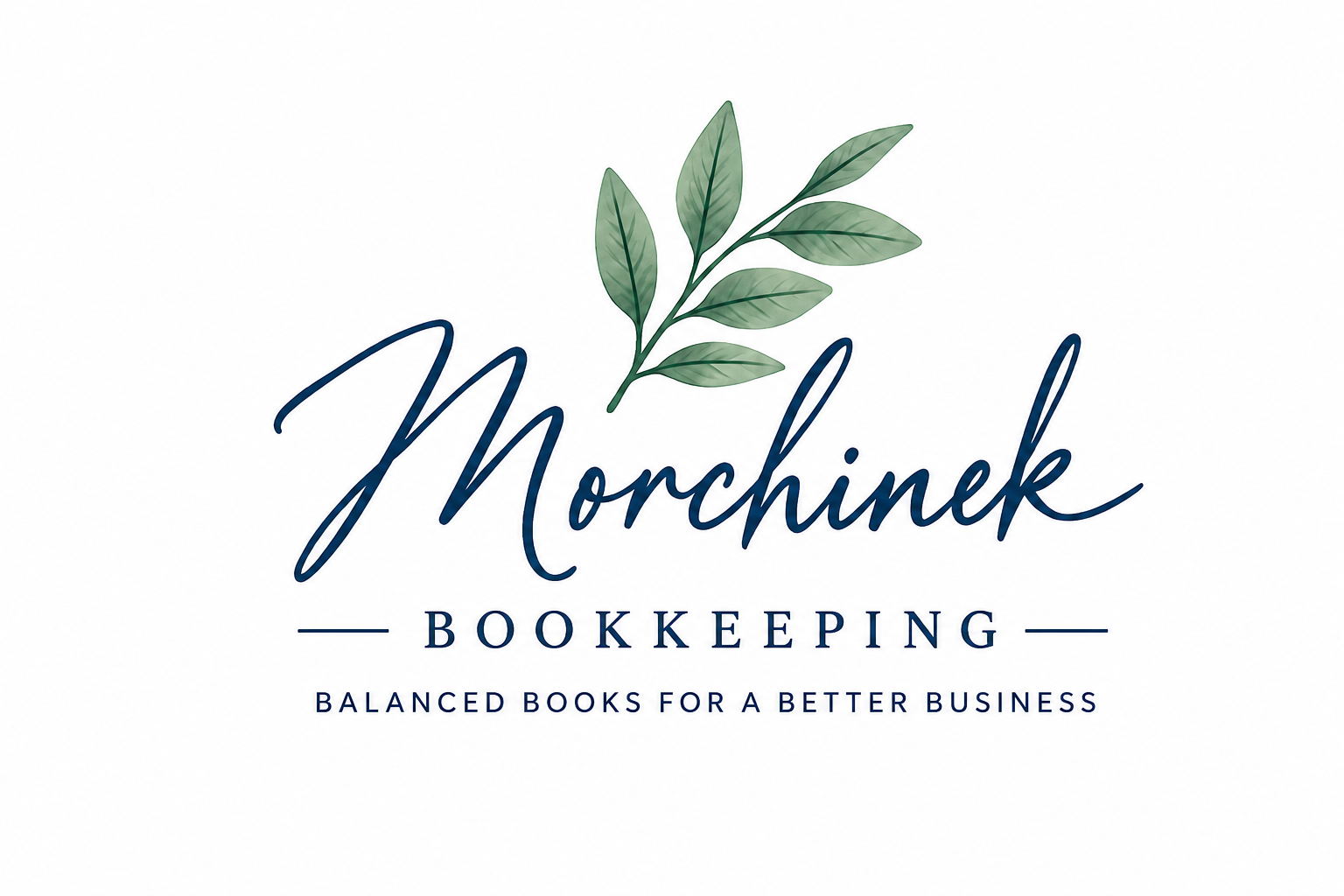 Logo for Morchinek Bookkeeping featuring a green leaf above the company name in elegant blue script, with the tagline 'Balanced Books for a Better Business' underneath.