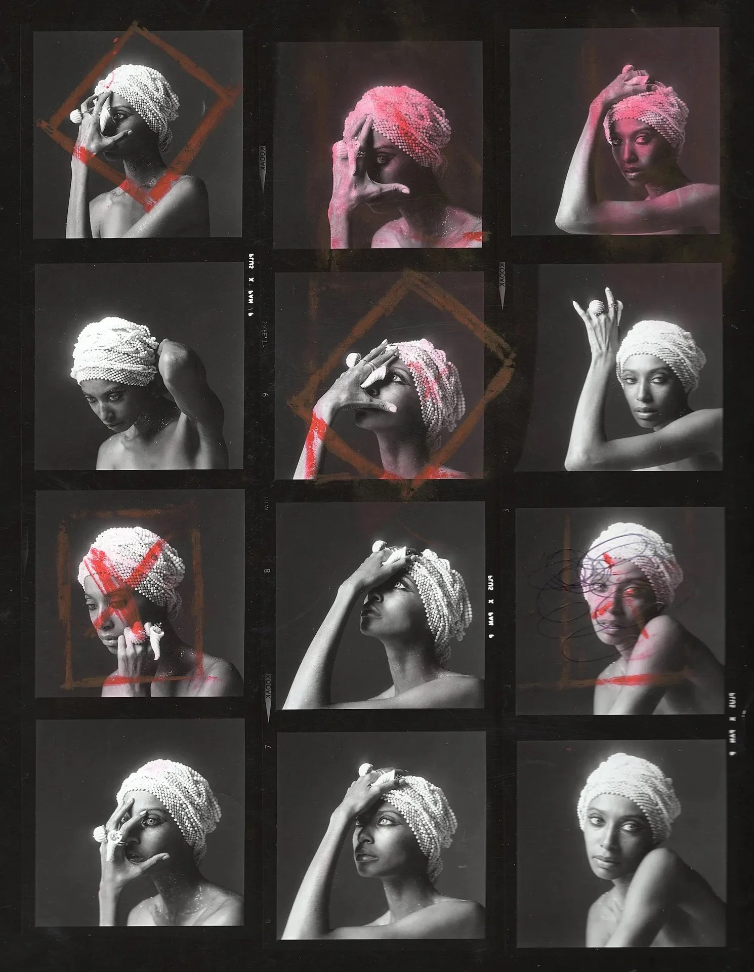 Six black and white studio portraits of a woman with a headwrap made of beads, each photo capturing different poses and expressions.