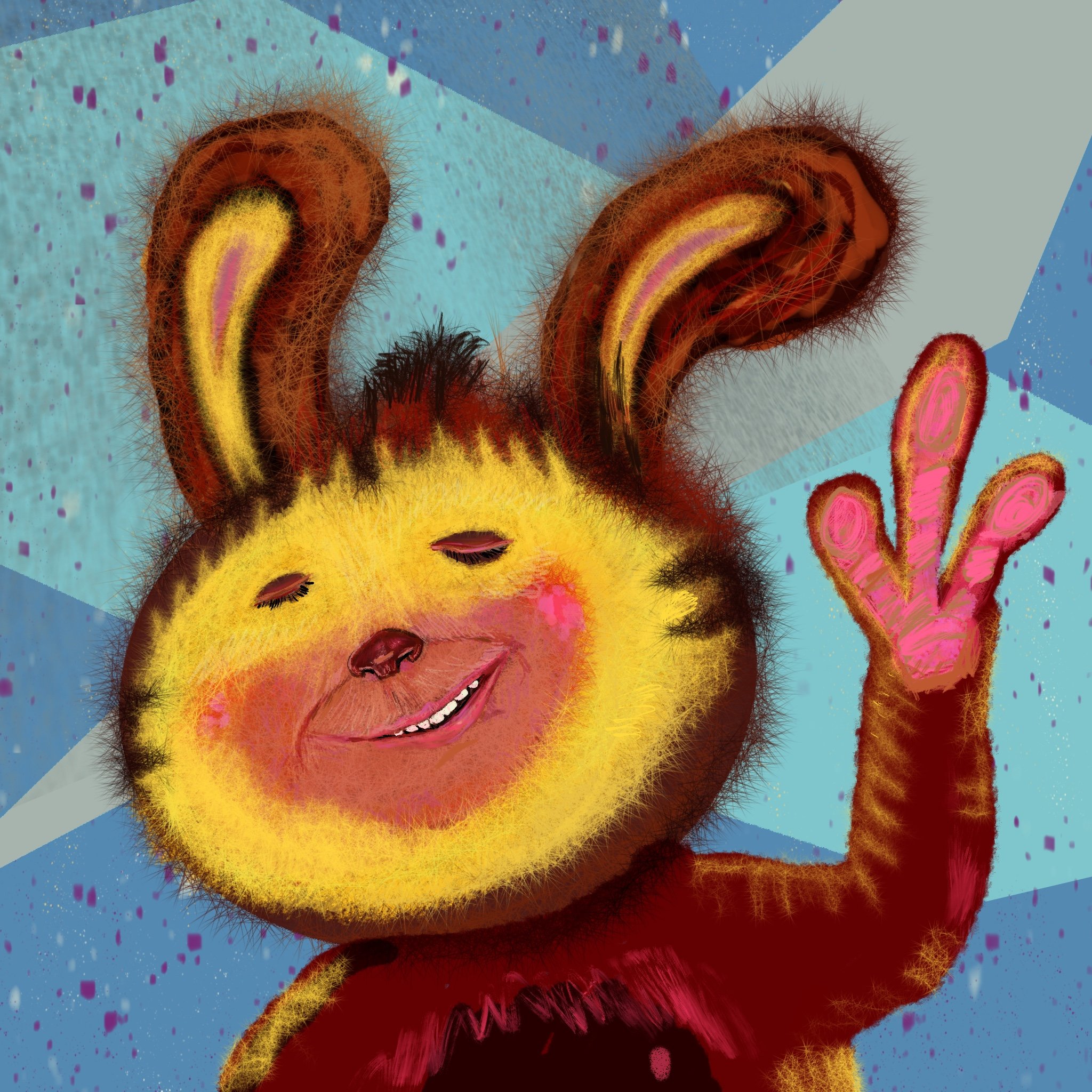 A stylized digital illustration of a child with curly hair smiling, wearing a red shirt, against a colorful abstract background with blue, purple, and pink hues.