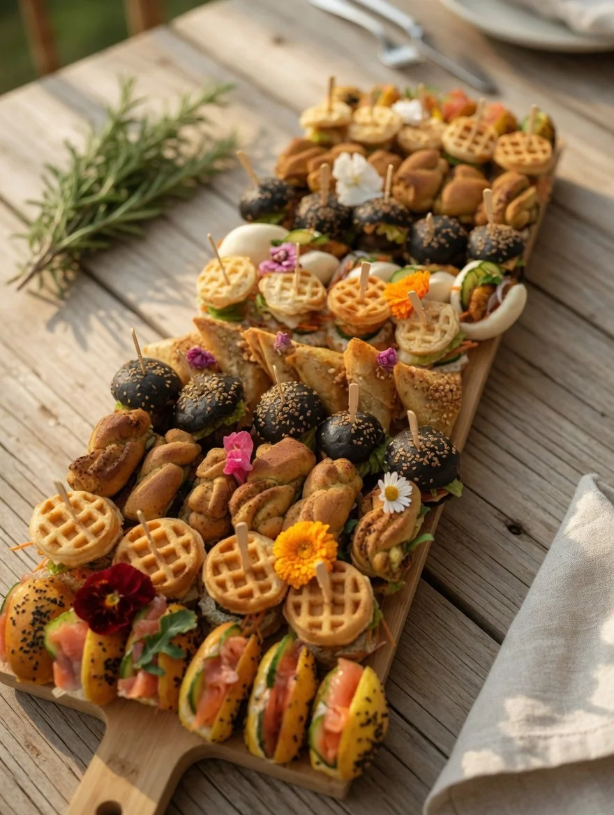 Plateau de finger foods comprenant des petits sandwiches, brochettes, toasts, et petits pains, décorés de fleurs comestibles, sur une planche en bois.