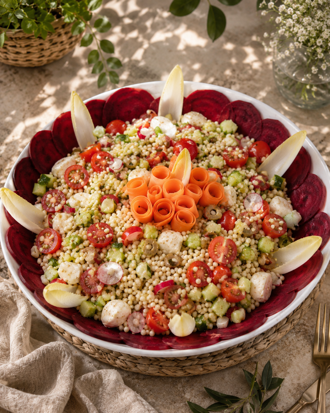 Salade colorée avec tomates cerises, concombre, boulettes de mozzarella, pastèques, et de la radis, décorée de tranches de betterave et de carottes roulées, servie dans un plat blanc sur une table en pierre avec de la verdure et une nappe beige.