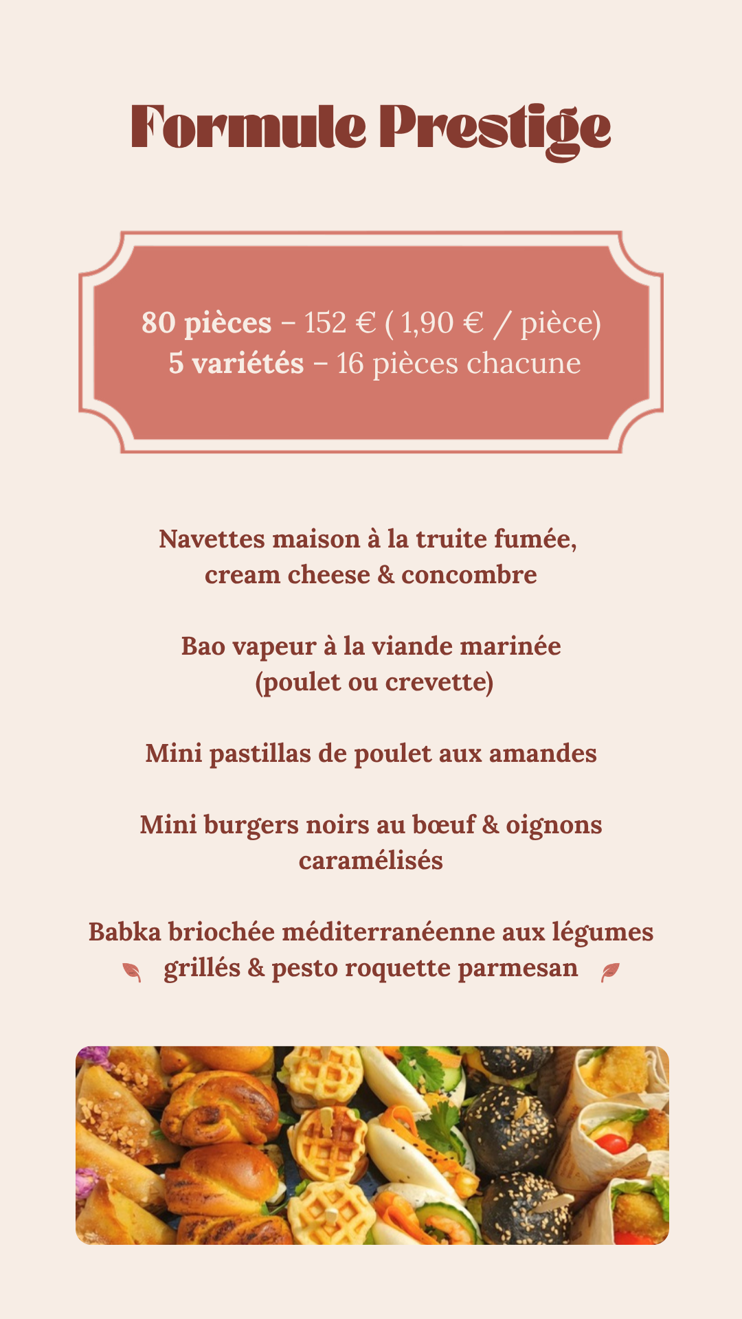 Menu de plats avec différentes options, y compris des mini pizzas, des burgers, des mezzés et des desserts, avec prix.