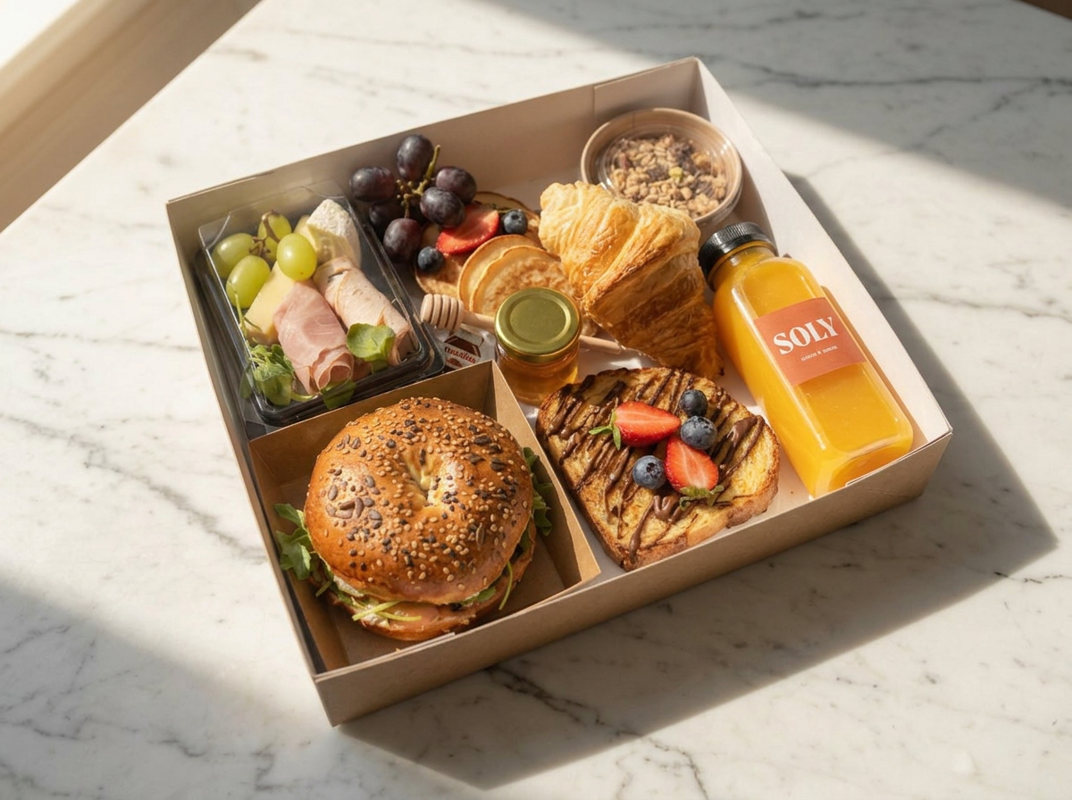 Un coffret en carton contenant une boîte de desserts variés, un hamburger, un petit pot de Nutella, une bouteille de limonade, un muffin aux myrtilles, des fruits rouges, du pain, un muffin au chocolat, une tartelette aux fruits, un cheesecake, et un petit pot de confiture.