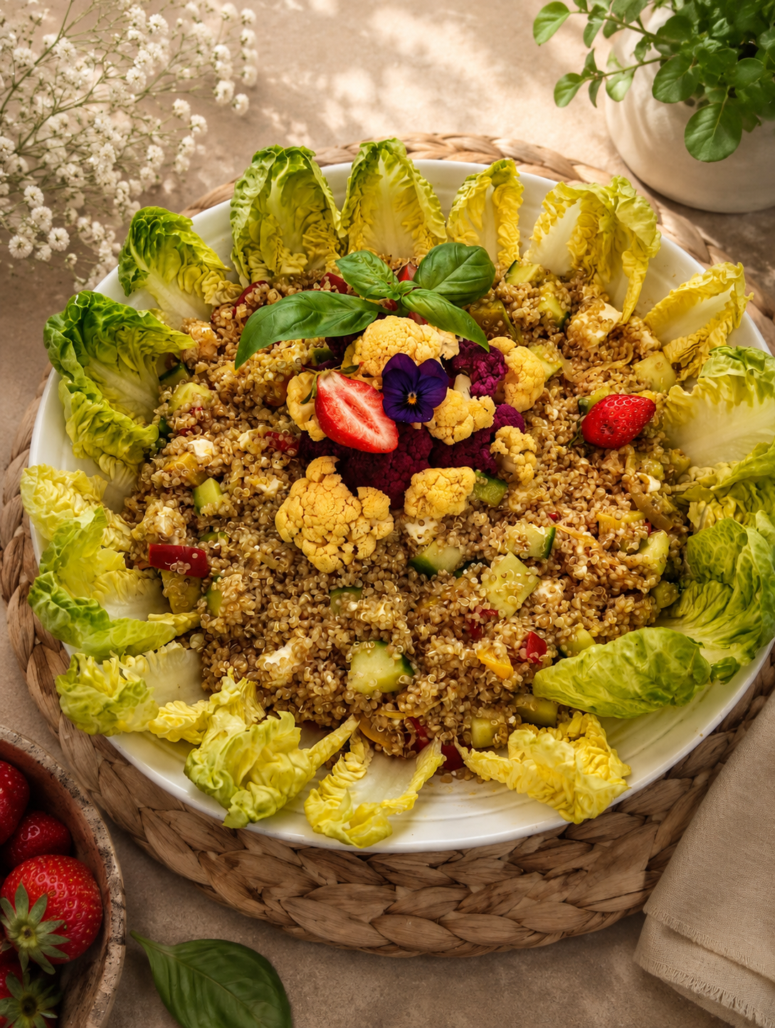 Salade de quinoa avec des morceaux de légumes, garnie de fleurs comestibles, fraises et feuilles de basilic, entourée de laitue et de fruits rouges.