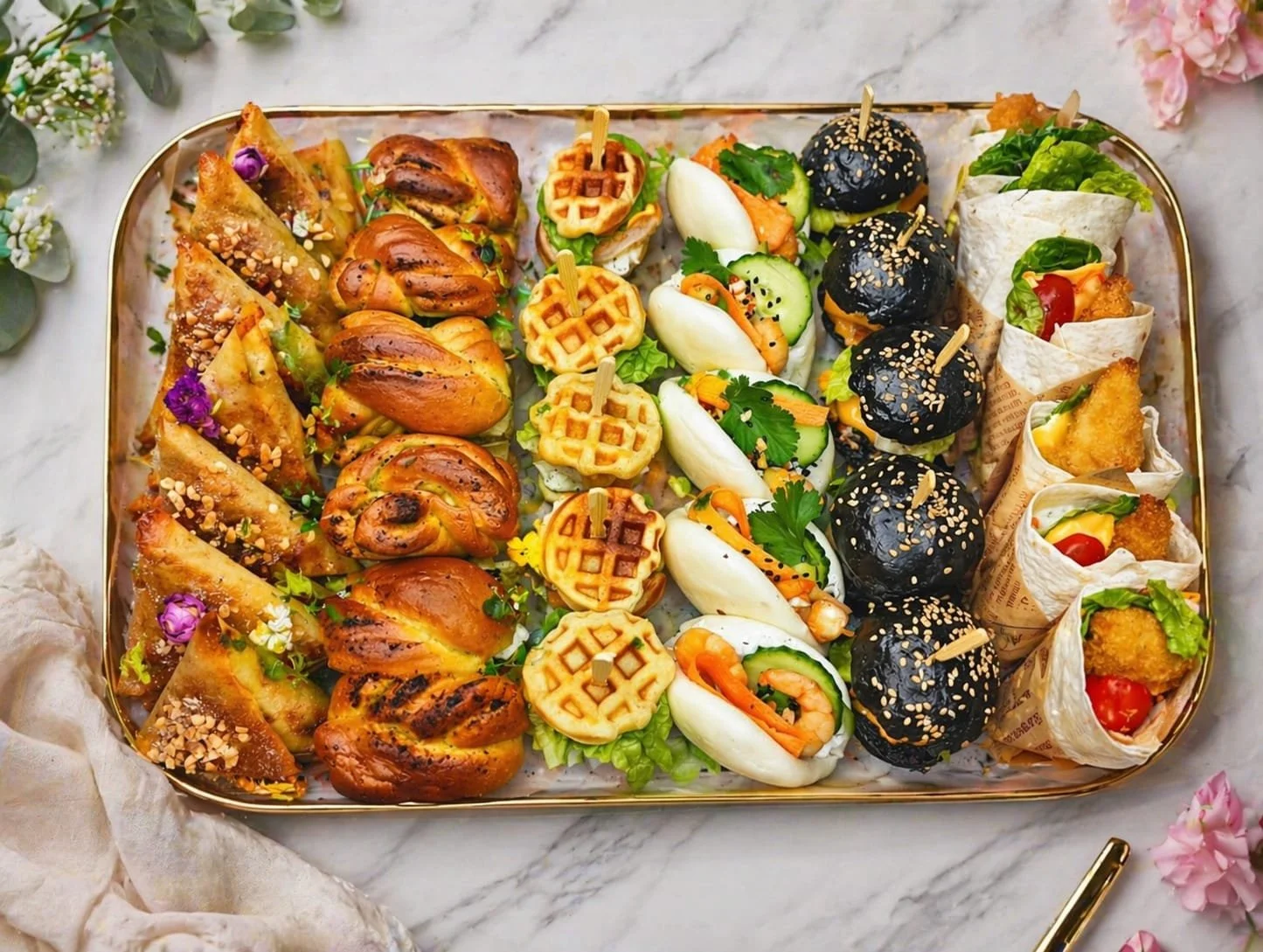 Plate avec diverses petites bouchées, y compris des sandwiches, des roulés, des mini burgers, des quiches et des pains en forme de hamburger, décorés avec des herbes, des graines et des fleurs.