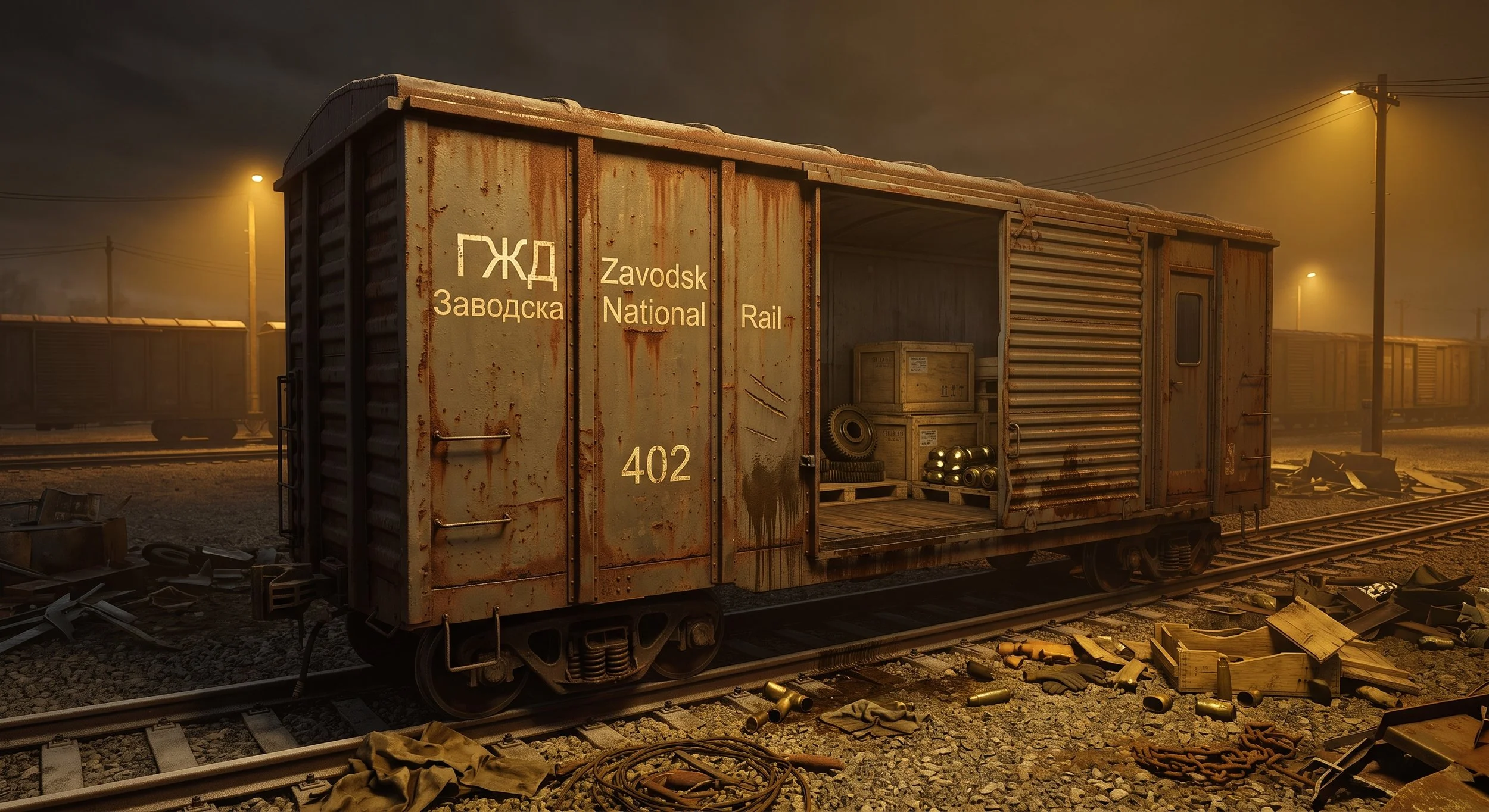 An old, rusty train car labeled 'Zavodsk National Rail' is on a railway track at night, with debris and tools scattered around and streetlights illuminating the scene.
