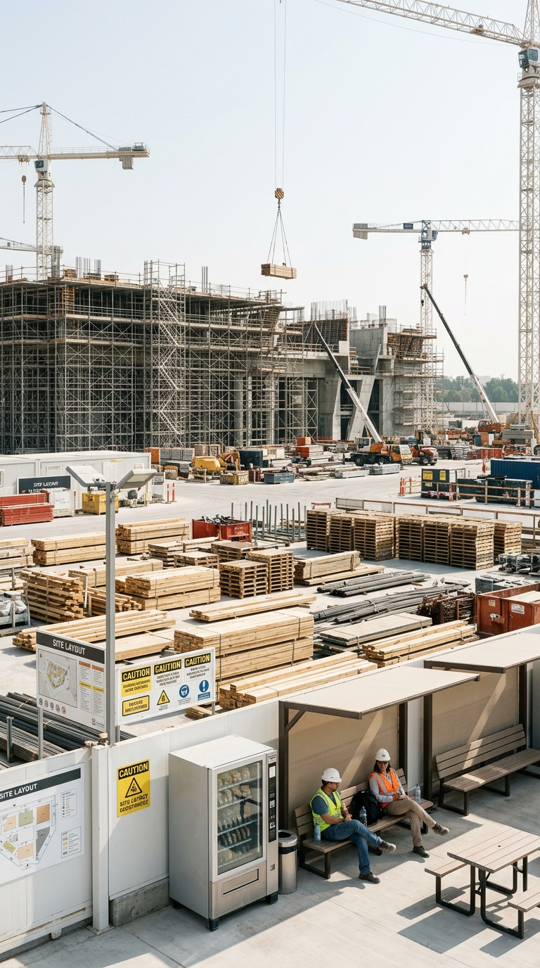 Construction site with cranes, building framework, stacks of wood, and two workers wearing safety vests and helmets sitting on benches.