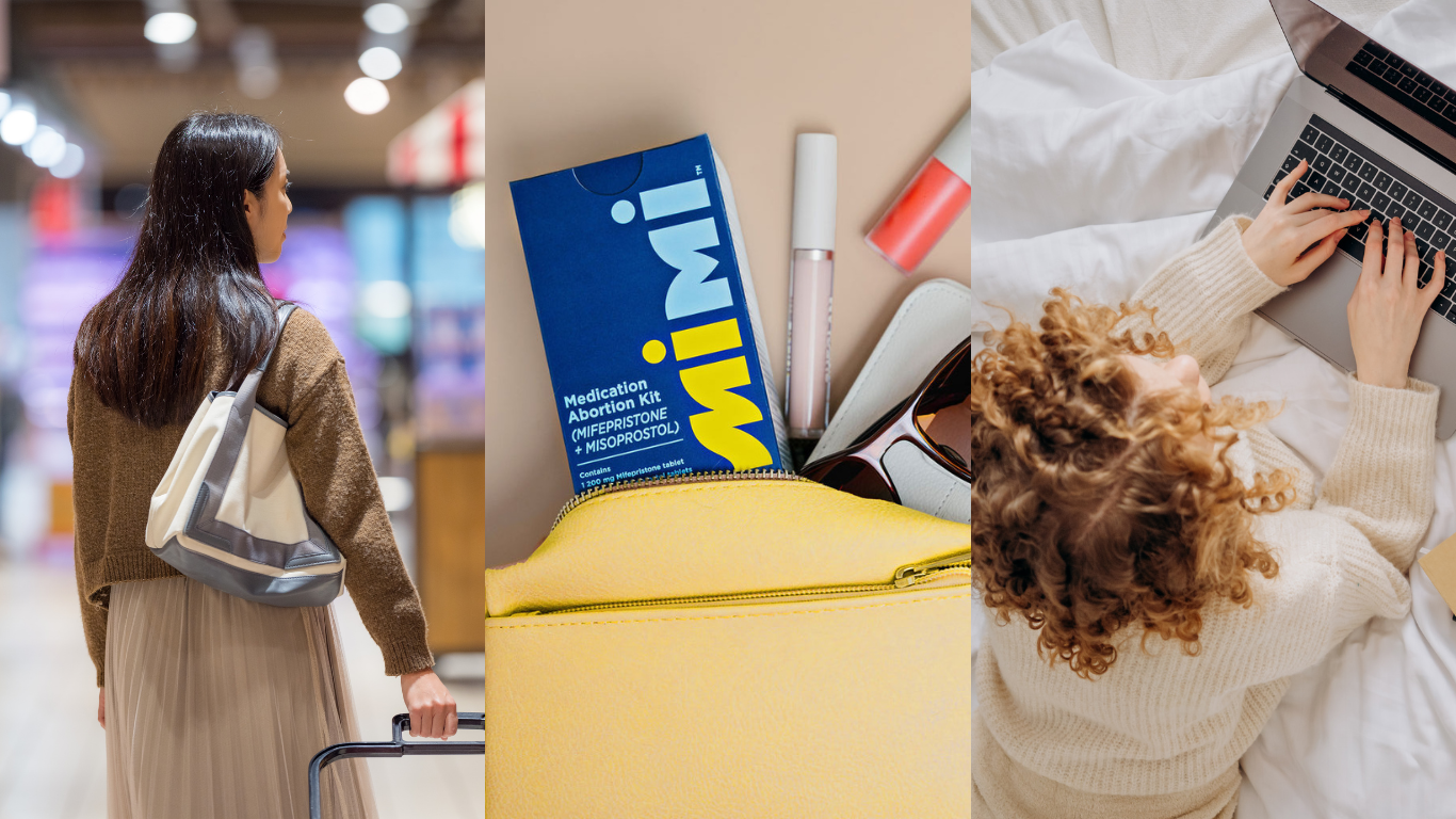 A collage of a woman shopping down a grocery aisle, a prototype over-the-counter medication abortion kit, and a woman working on a laptop in bed.
