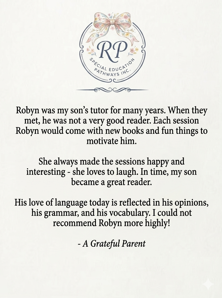 Letter with a floral and bow design logo at the top, expressing gratitude for tutor Robyn's positive impact on a child's reading and language development.