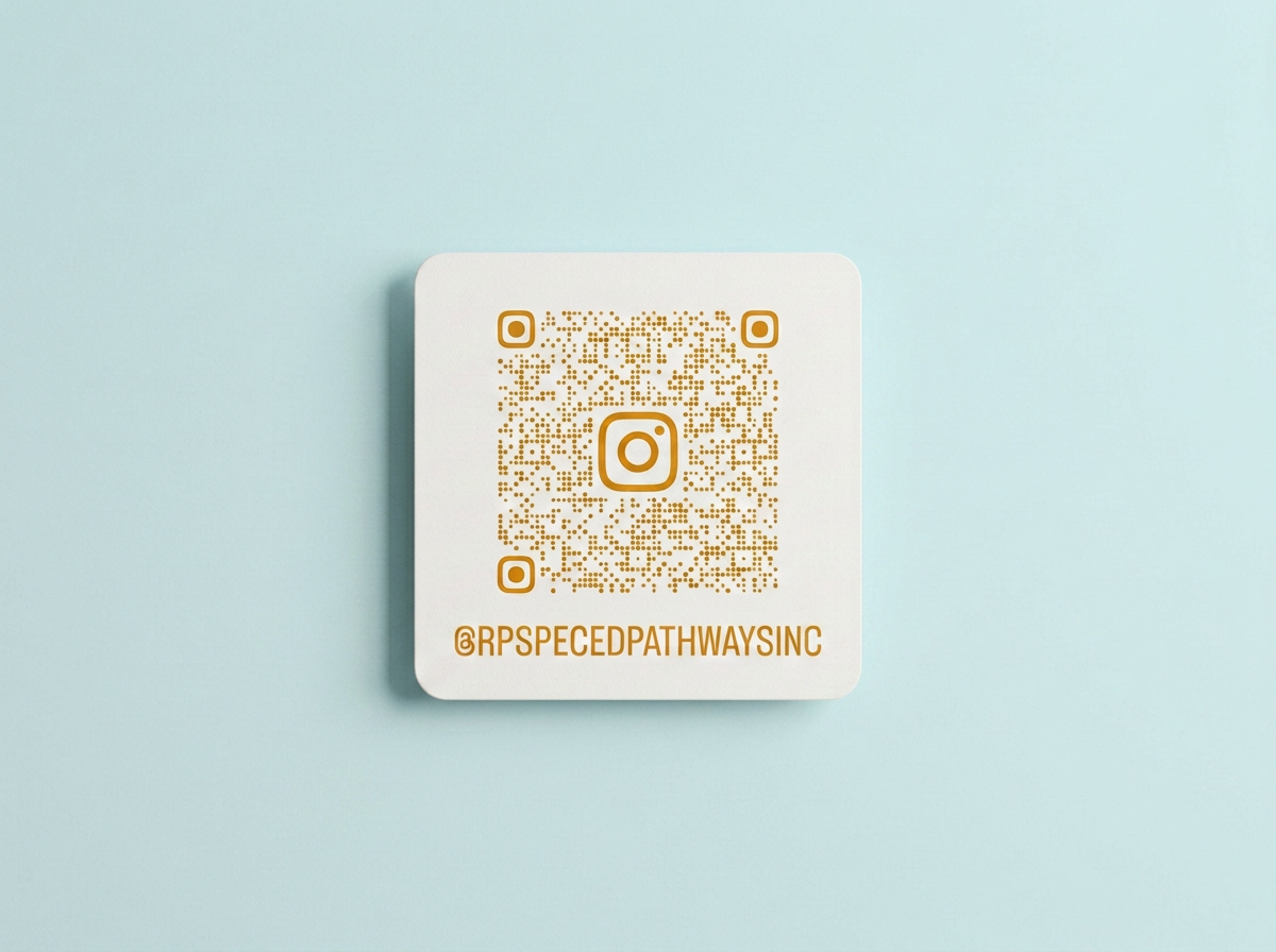 White card with gold QR code and Instagram logo, displaying the handle '@RPSPECPATHWAYSINC' on a light blue background.