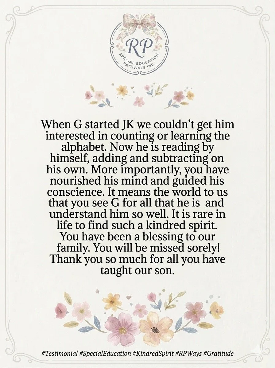 A heartfelt, floral-themed appreciation letter from Special Education Pathways Inc. expressing gratitude for a individual who has positively influenced a child's life, highlighting themes of growth, understanding, and kindness.