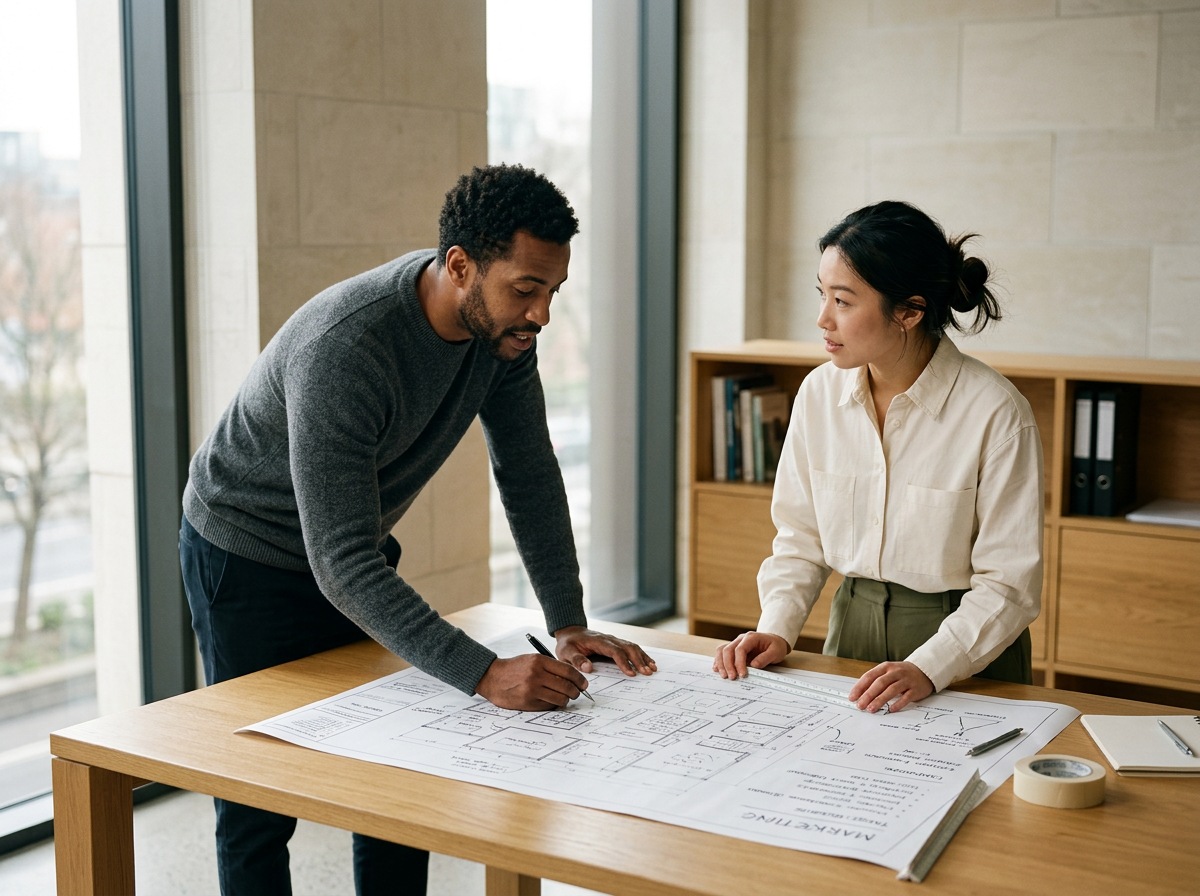Two people, a man and a woman, working together on architectural blueprints at a wooden table in an office with large windows and bookshelf.