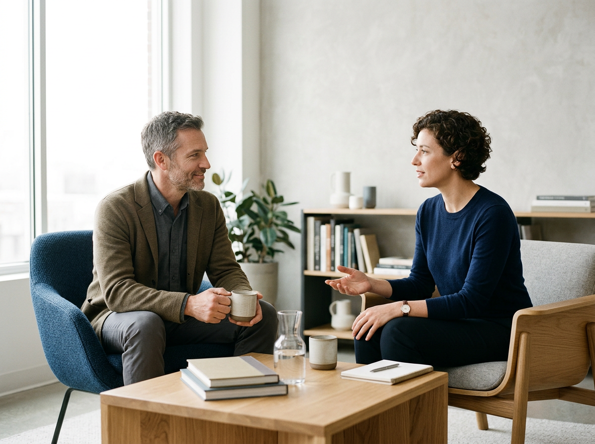 A man and woman sitting in a living room engaged in a conversation, with a coffee table in front of them holding books, a notebook, and a water pitcher.