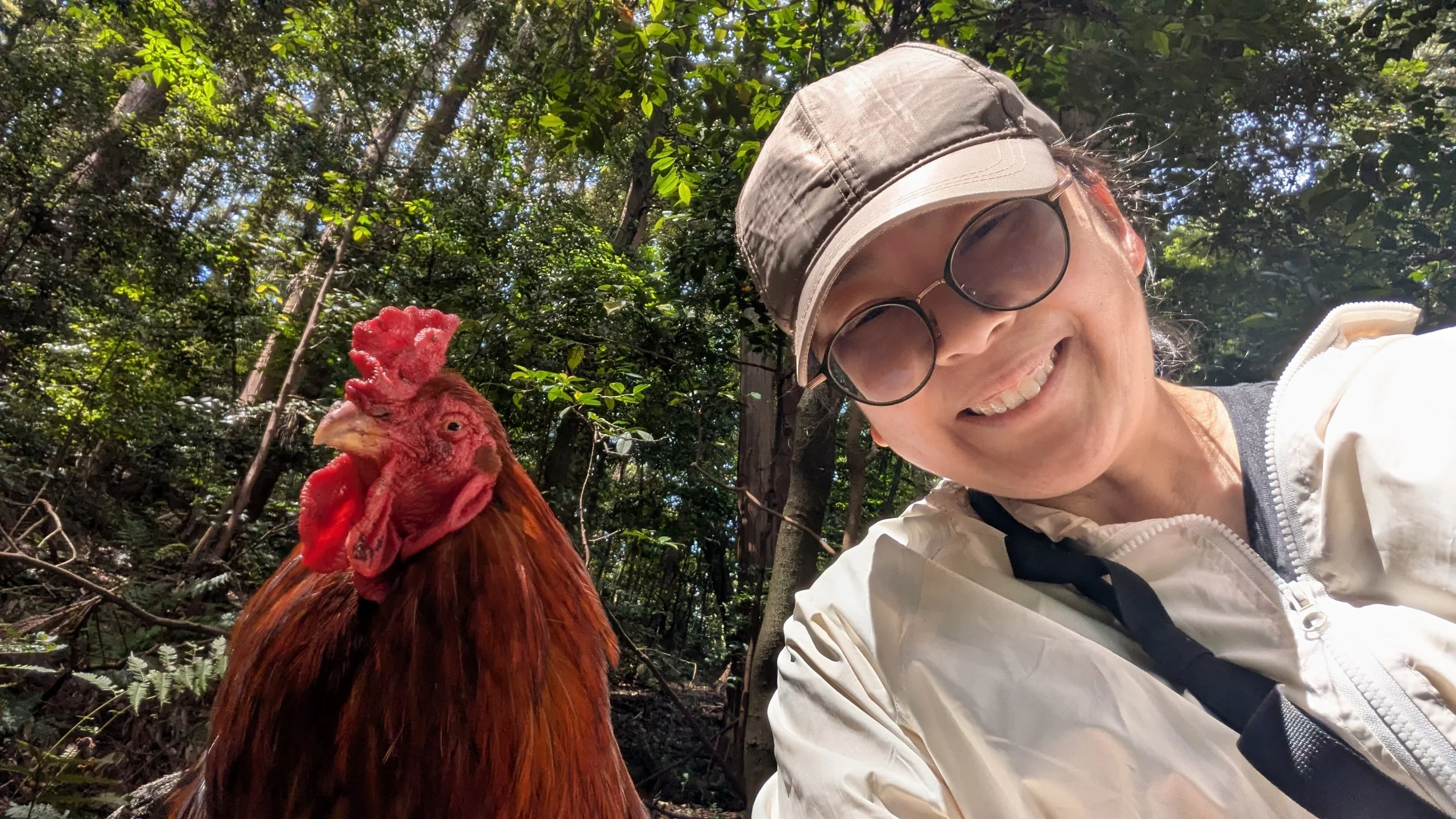 A smiling woman wearing sunglasses, a beige cap, and a light-colored jacket, taking a selfie with a red chicken in a forested area.