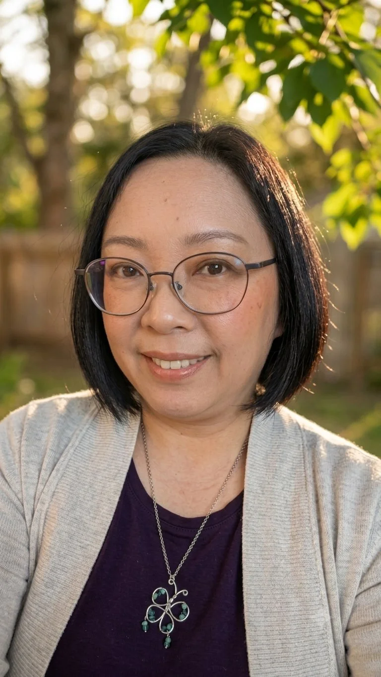 An Asian female WA therapist with black hair, glasses, and a necklace, smiling in a setting sun with trees and leaves in the background.