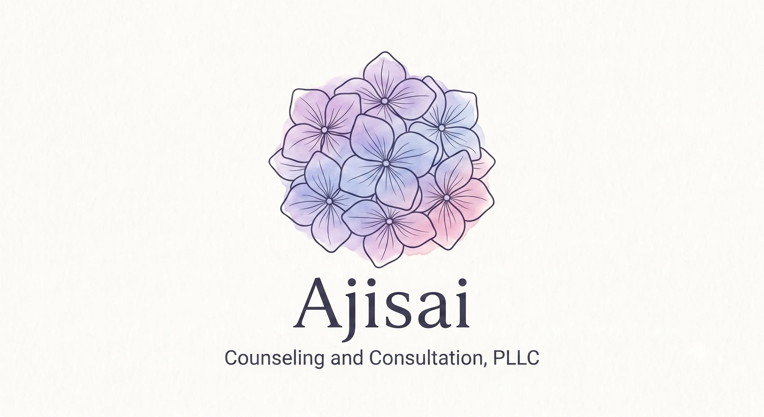 Logo with purple and pink hydrangea flower and the text 'Aijai Counseling and Consultation, PLLC'