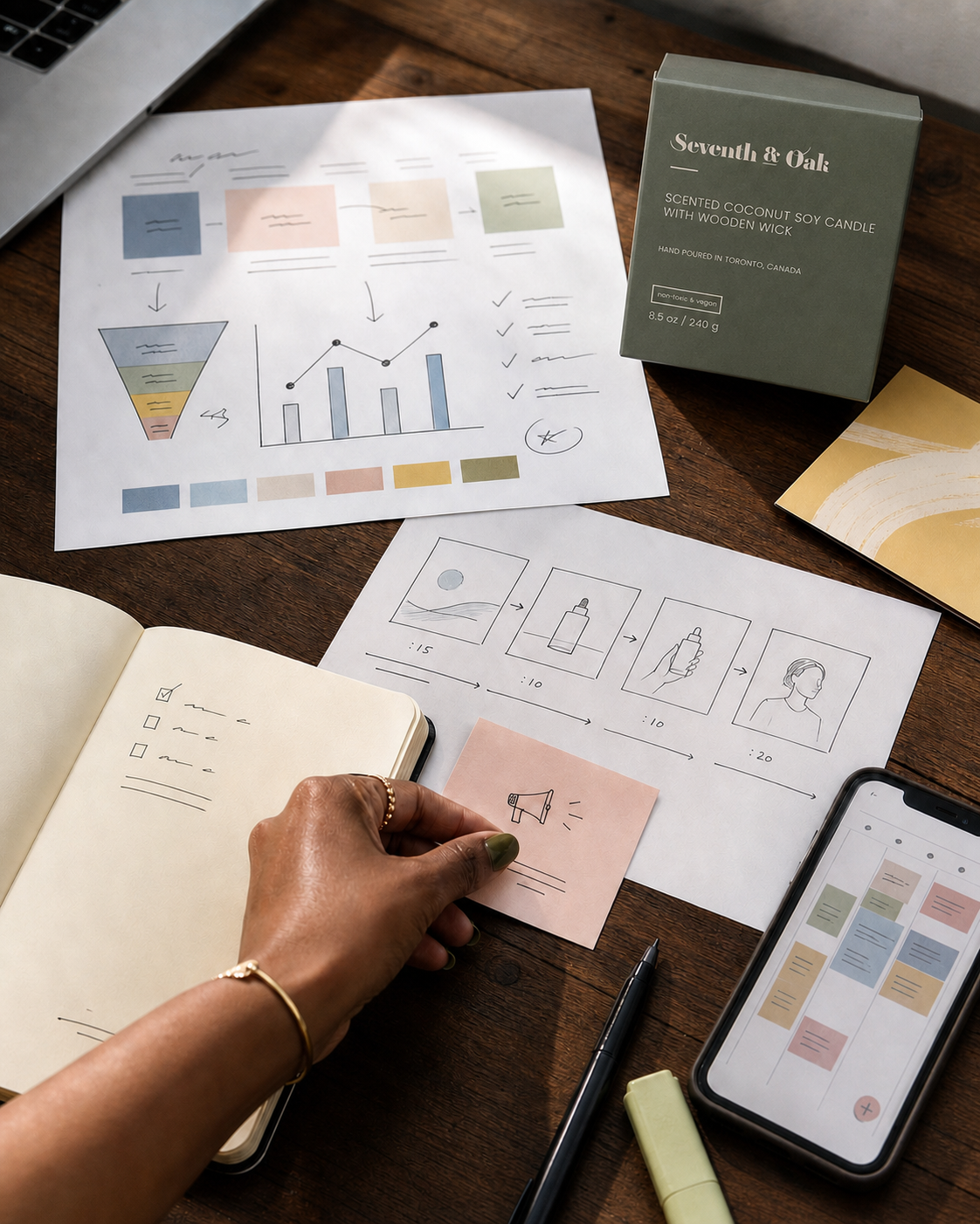 Marketing strategy planning materials on a desk