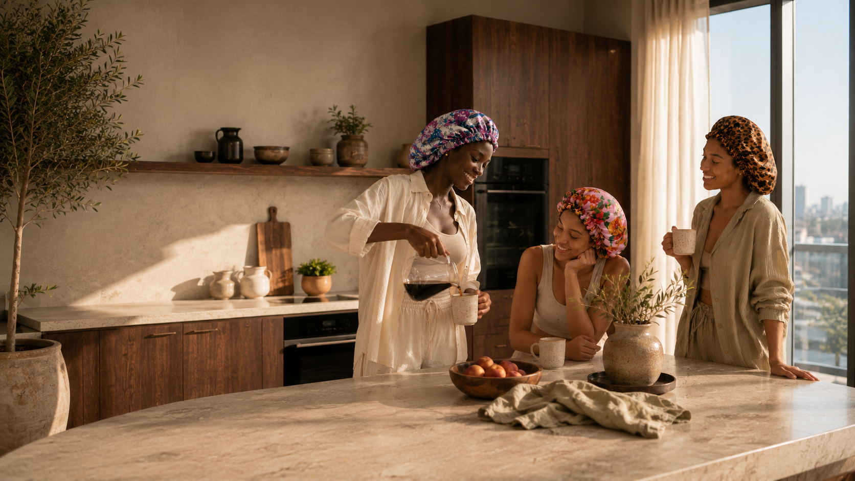 Three women in a modern kitchen wearing colorful hair bonnets, having coffee. One woman is pouring coffee while the other two hold cups and smile, with sunlight streaming through a large window.