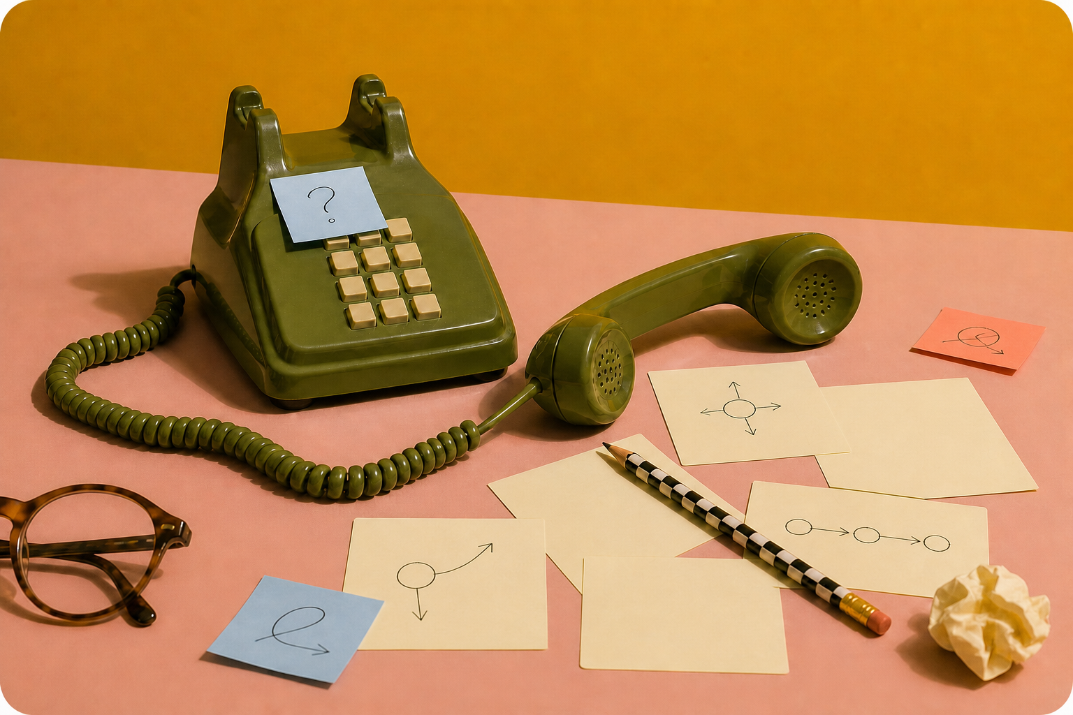 A vintage green rotary telephone with a notepad on its top, a sticky note, papers with diagrams and arrows, a checkered pencil, glasses, a crumpled piece of paper, and a yellow wall background, all on a pink surface.