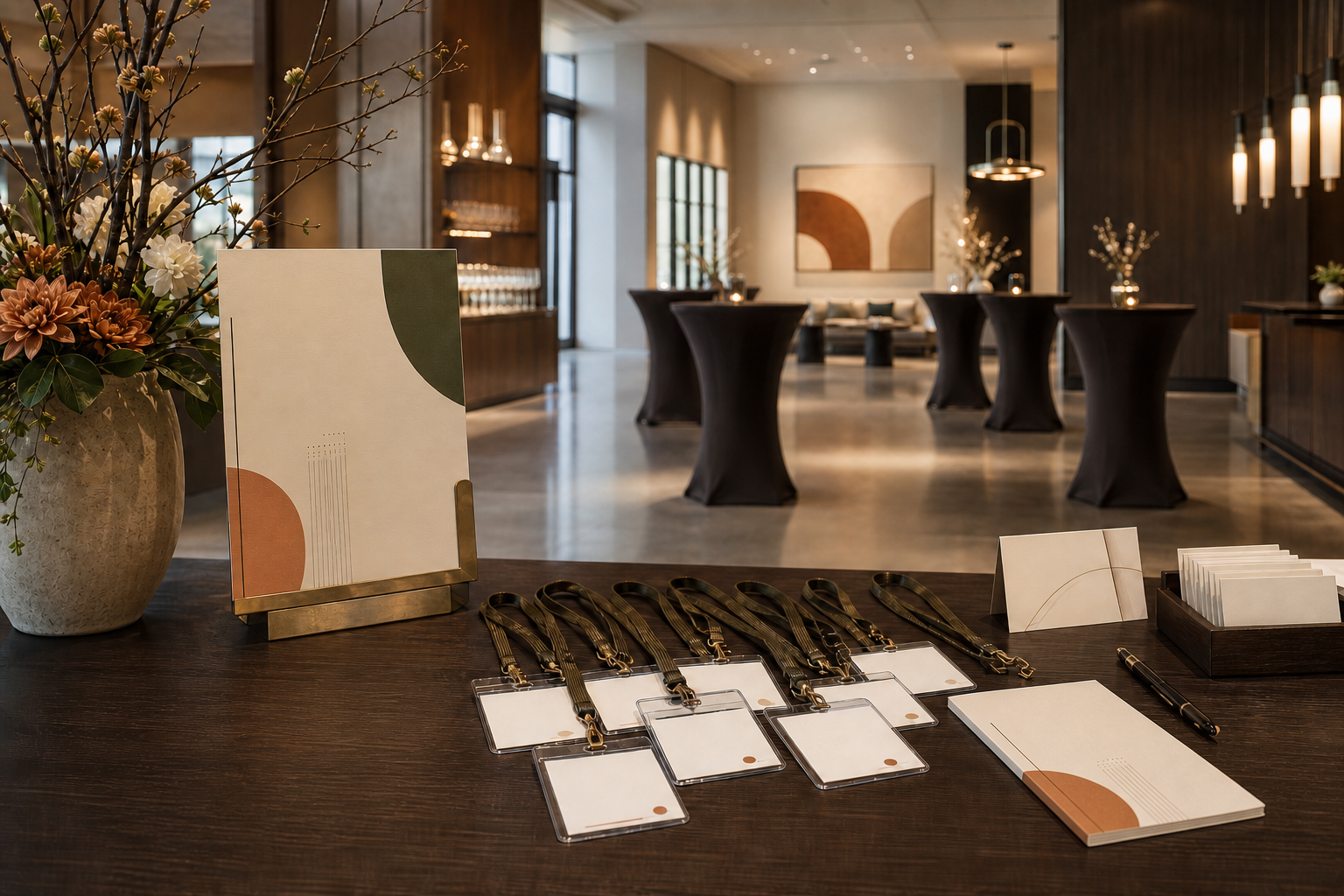 Event registration desk with name badges, markers, brochures, and floral arrangements in a modern, well-lit lounge area with tall tables and artwork.