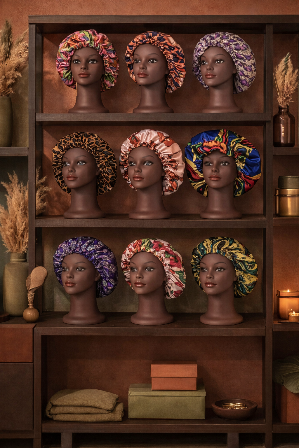 Display of mannequin heads wearing colorful bonnets on a wooden shelf with decorative plants and candles.