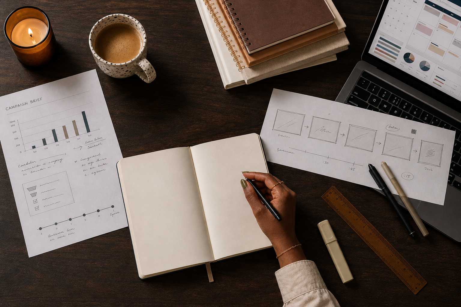 Marketing strategy planning materials on a desk