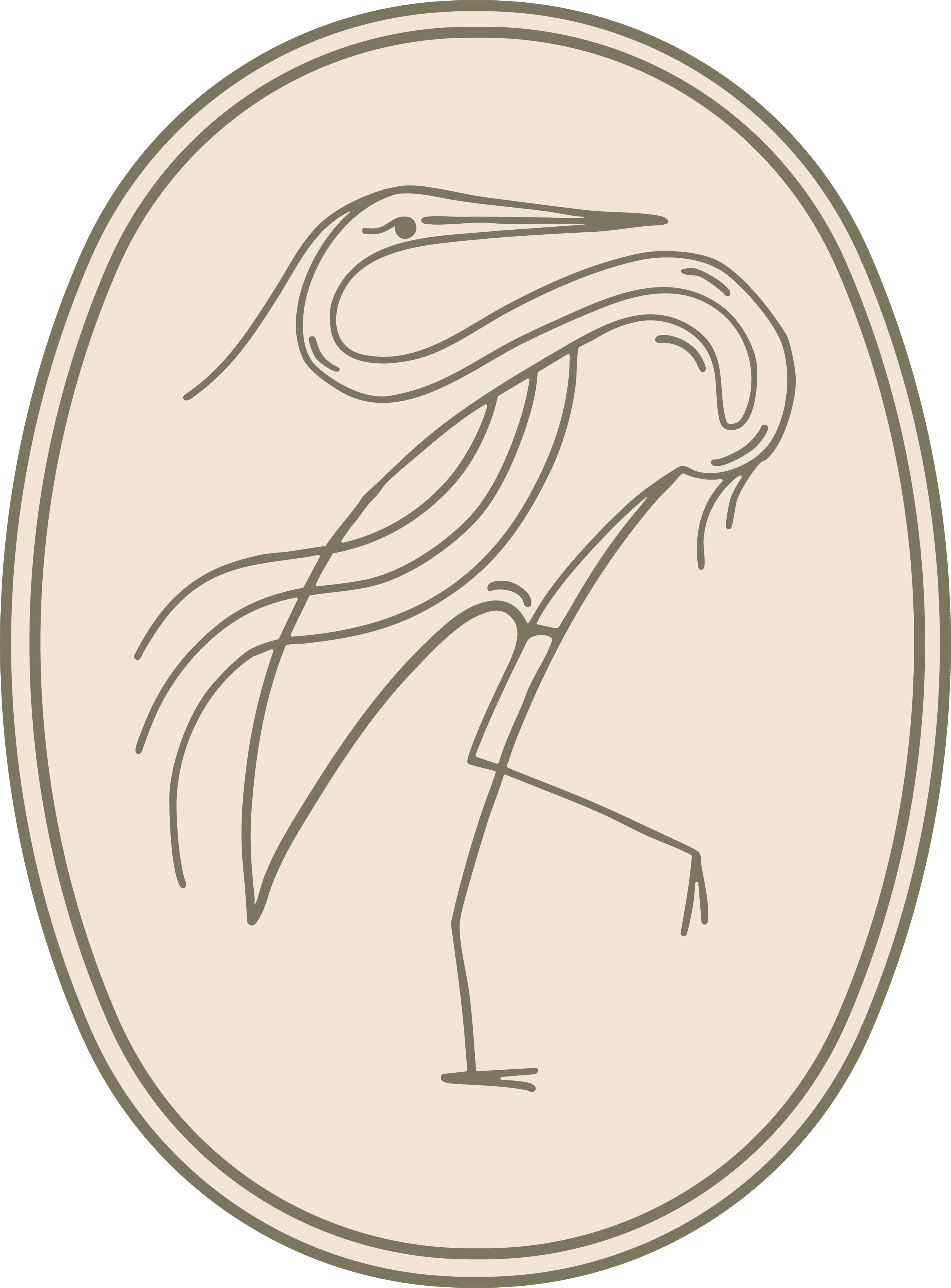 A stylized line drawing of a heron standing on one leg inside an oval border, with a drink glass at the heron's feet.
