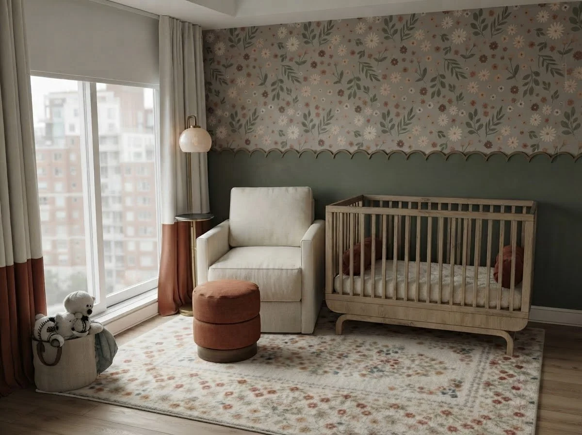Affordable nursery design with floral wallpaper accent wall, natural wood crib with terracotta trim, white dresser, cream armchair, and a floor-to-ceiling window with city views